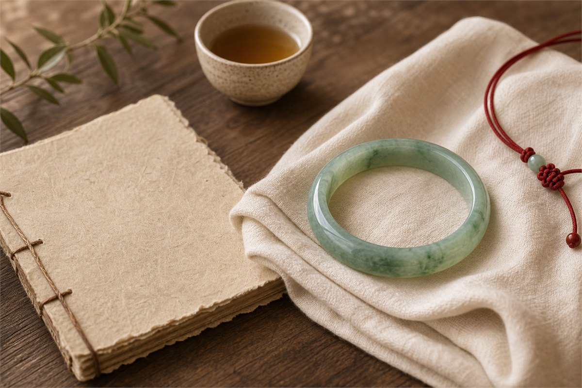 Green jade bangle on folded ivory fabric beside handmade paper, tea, and a red cord accent