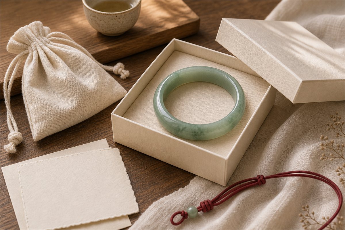 Green jade bangle in a cream gift box with ivory pouch, blank card, and red cord accent