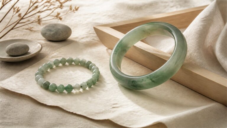 Green jade bangle and jade bead bracelet arranged on warm ivory linen and handmade paper