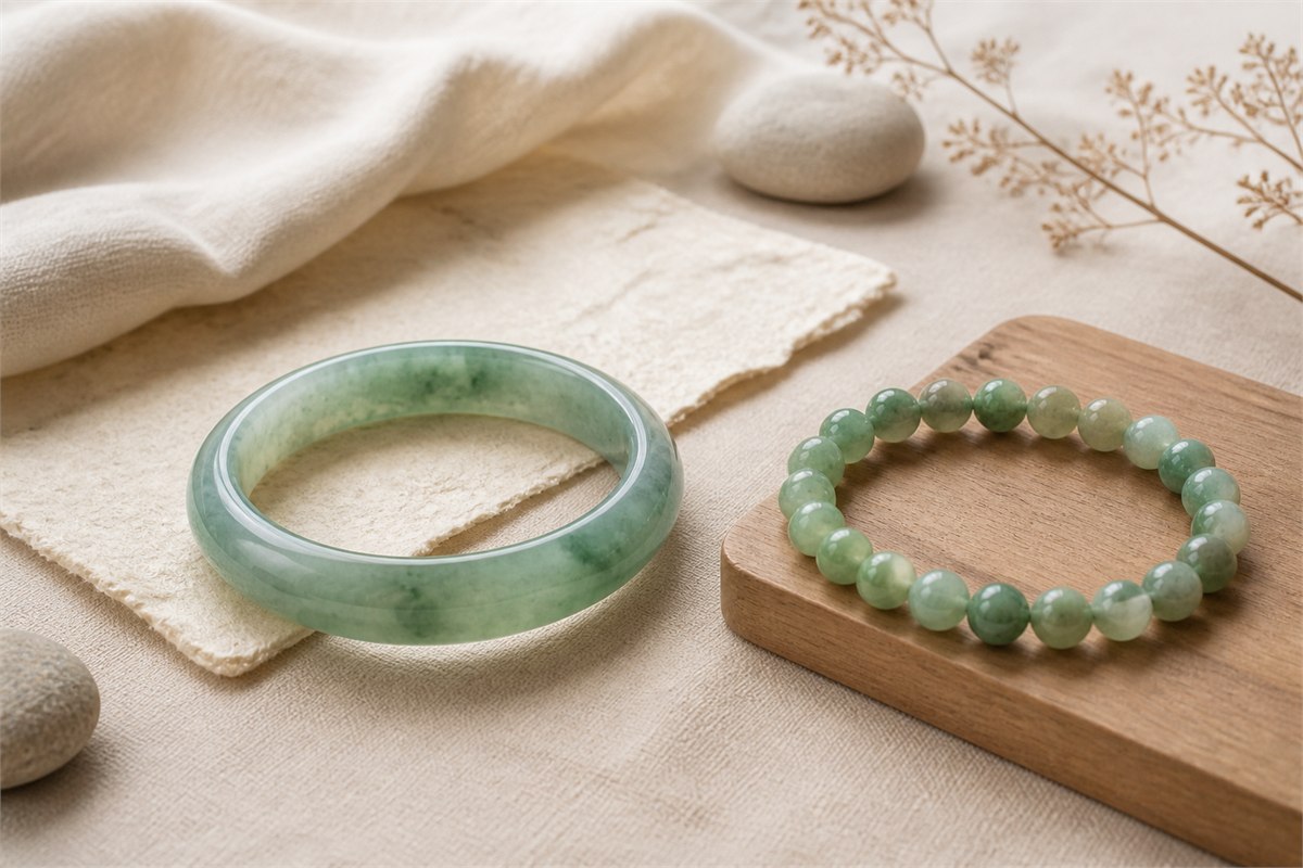 Green jade bangle and jade bead bracelet on ivory linen with handmade paper