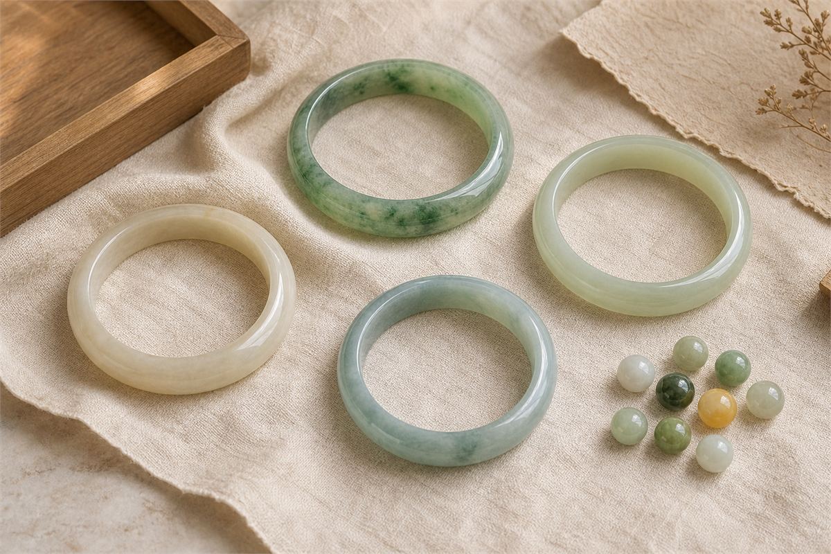 Several jade and jade-like bangles in green, cream, and pale tones arranged on ivory linen