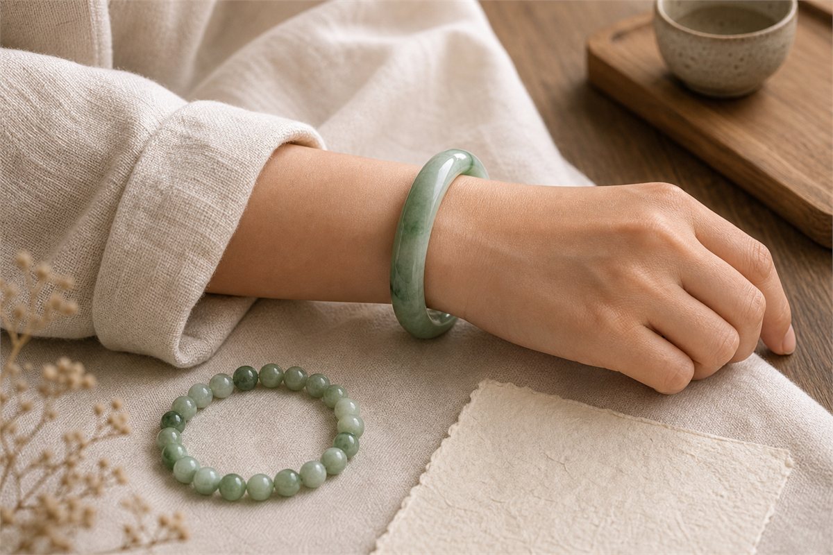 Adult wrist wearing a green jade bangle beside a jade bead bracelet on ivory linen