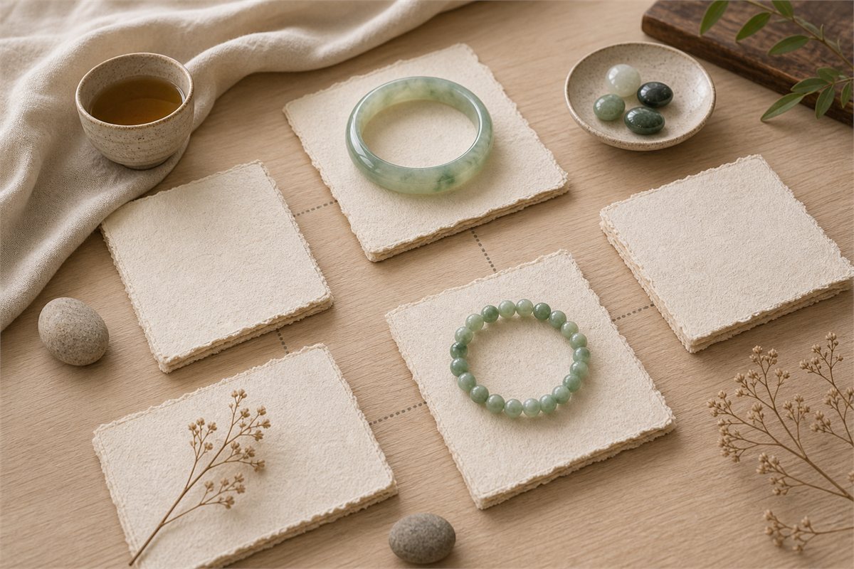 Jade bangle, jade bead bracelet, small jade samples, and blank handmade paper sheets on a pale wood desk