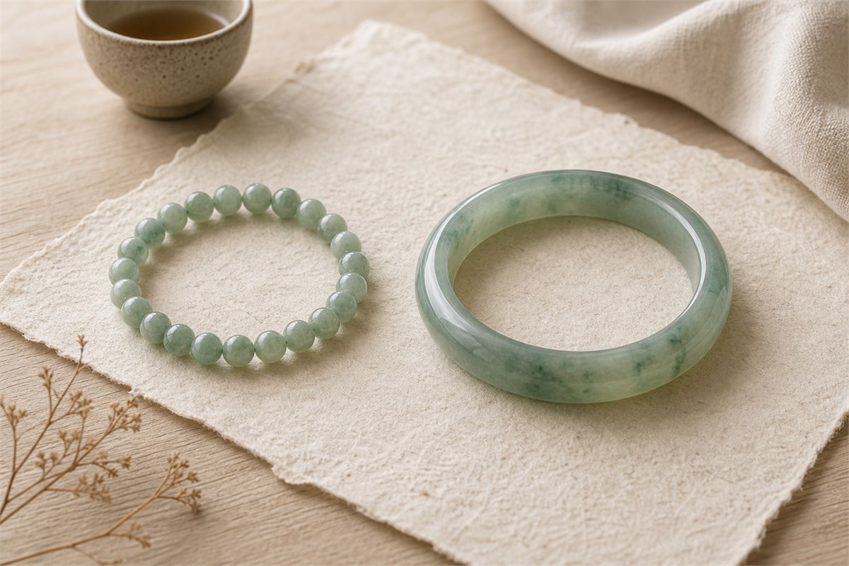 Smooth green jade bangle beside a jade bead bracelet on warm ivory fabric
