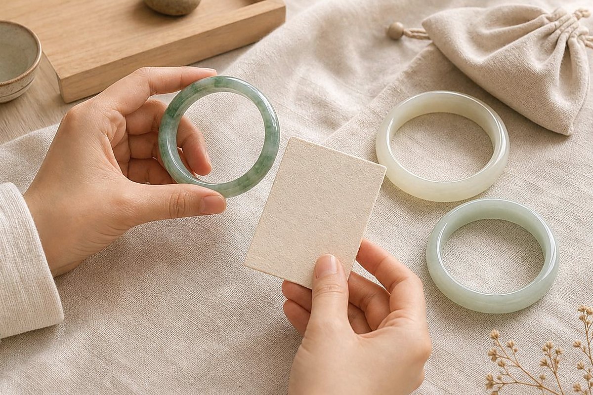 Hands comparing jade bangles with a blank card on warm linen for buying better value jade