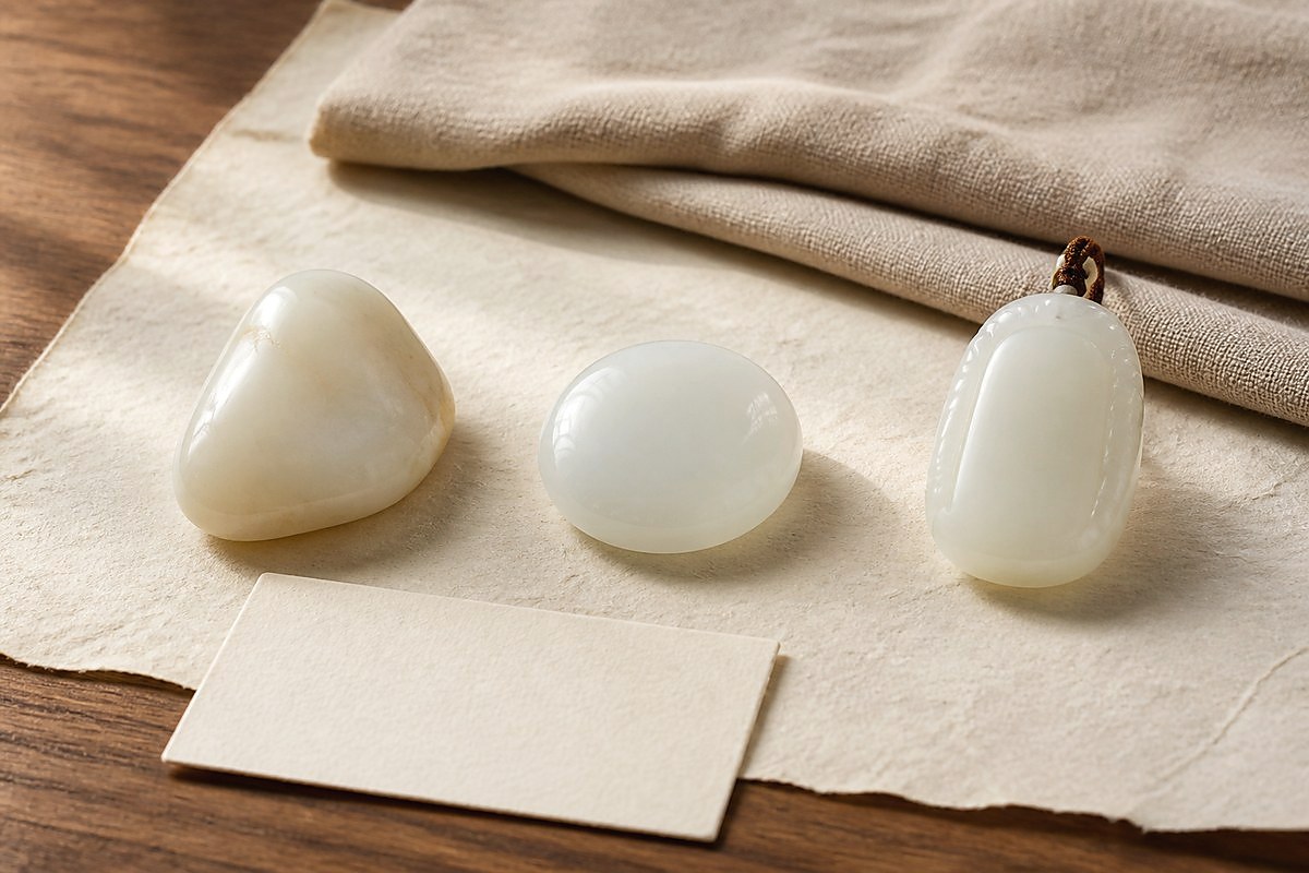 Three pale jade pieces with a blank card on warm ivory cloth for jade market context