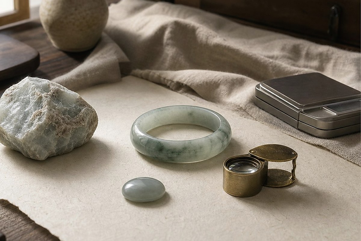Jade bangle, jeweler loupe, small light, and blank paper for a jade appraisal checklist