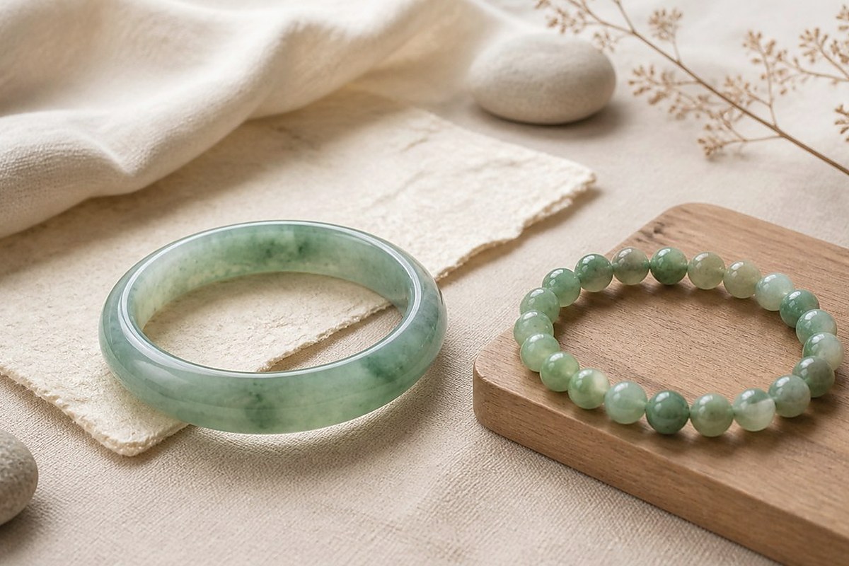 Green jade bangle and jade bead bracelet arranged on handmade cloth for comparing priced jade forms