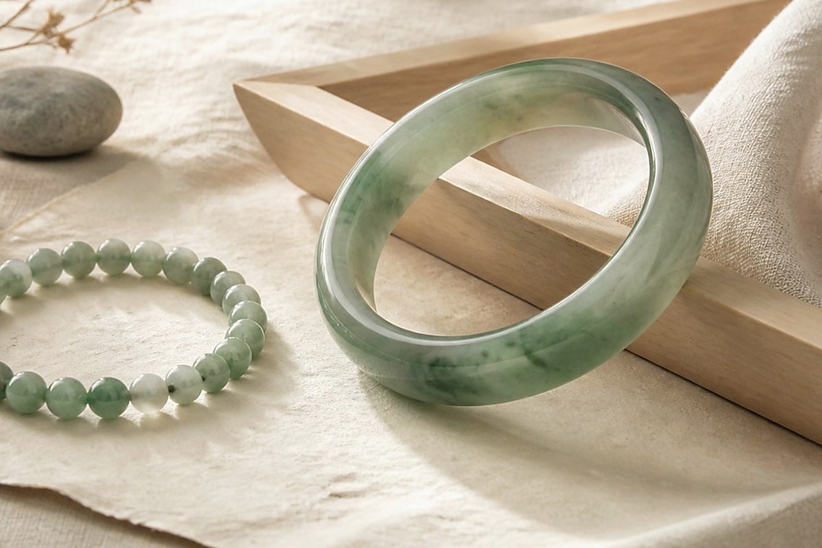 Close view of a green jade bangle and jade beads showing color, translucency, and texture