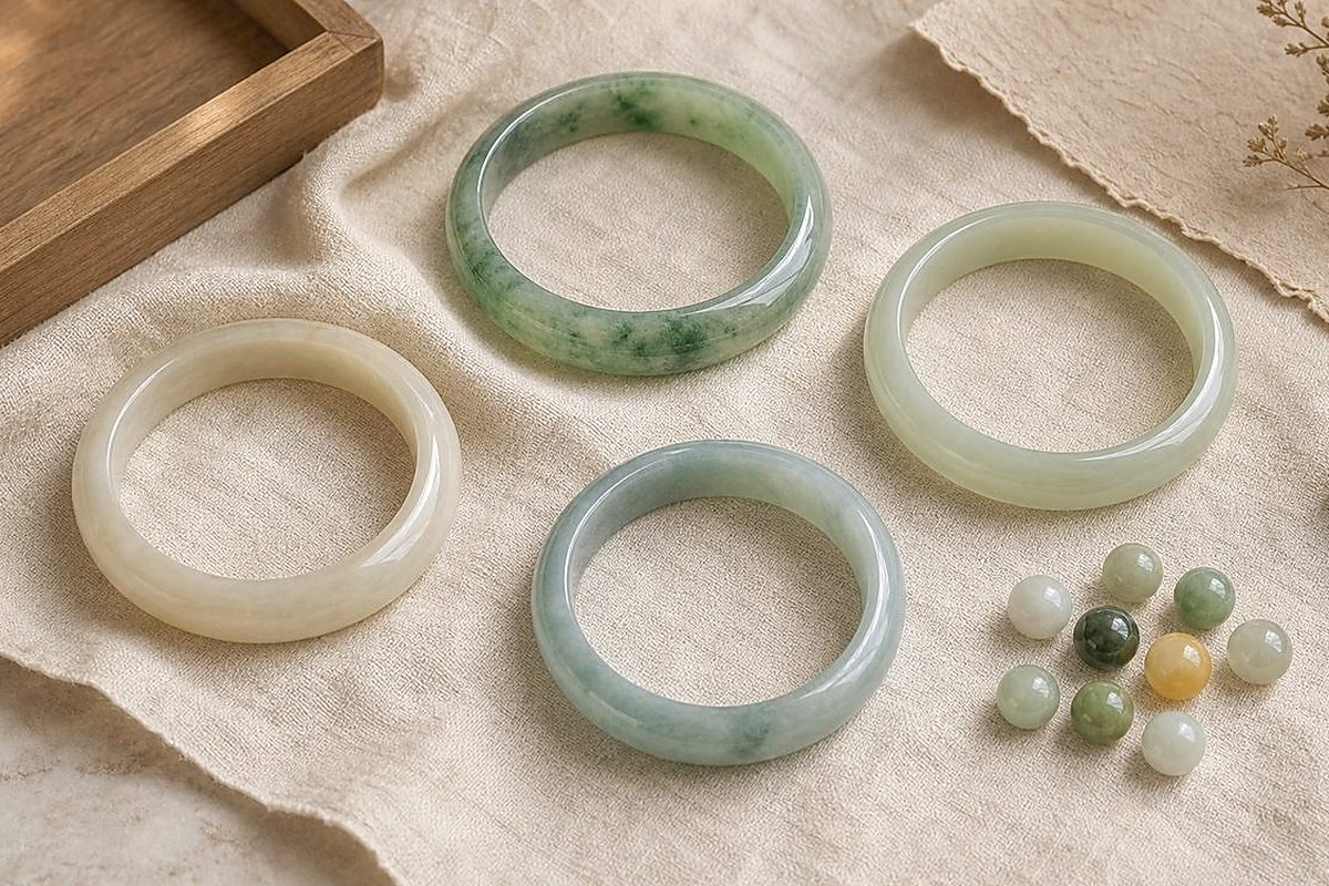 Jade and jade-like bangles and beads in green, cream, and pale tones arranged on ivory linen
