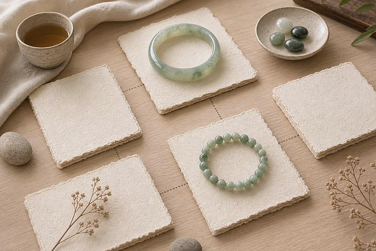 Different jade objects arranged with blank handmade paper to show why jade has no fixed price