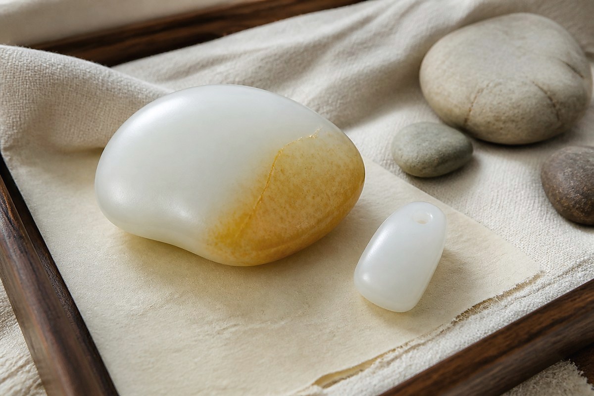 Pale rough jade pebble, small polished blank, and natural stones on ivory cloth for jade rough pricing