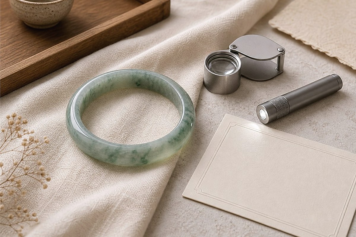 Jade bangle with jeweler loupe, small light, and blank paper for evaluating jade value factors