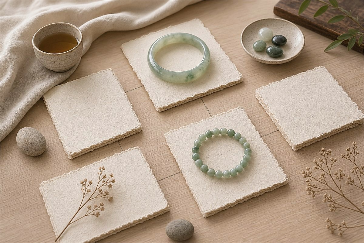 Jade bangle, bead bracelet, small jade samples, and blank paper sheets on a pale wood desk