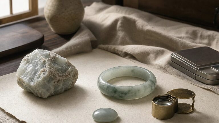 Jade bangle, rough jade, polished stones, loupe, calipers, and blank appraisal paper on warm linen