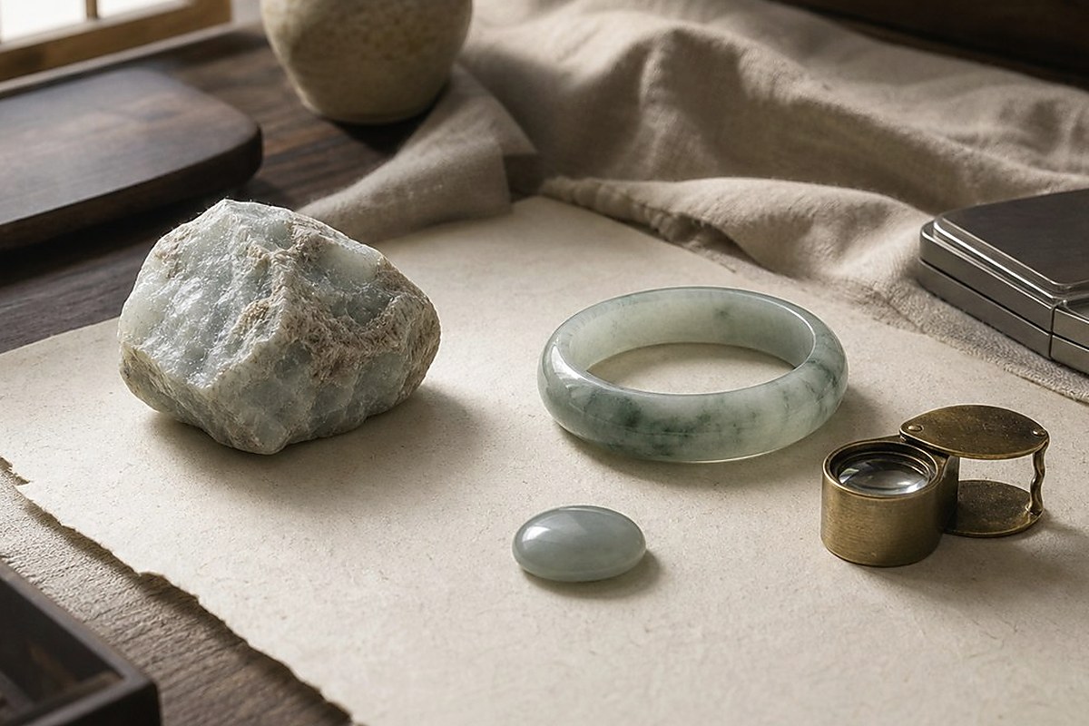 Mixed jade pieces with a loupe, calipers, and blank paper for a jade worth guide