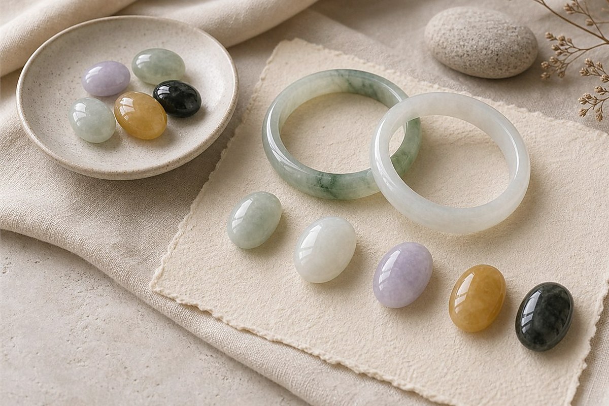 Green, white, lavender, yellow, and dark jade samples showing color and translucency differences
