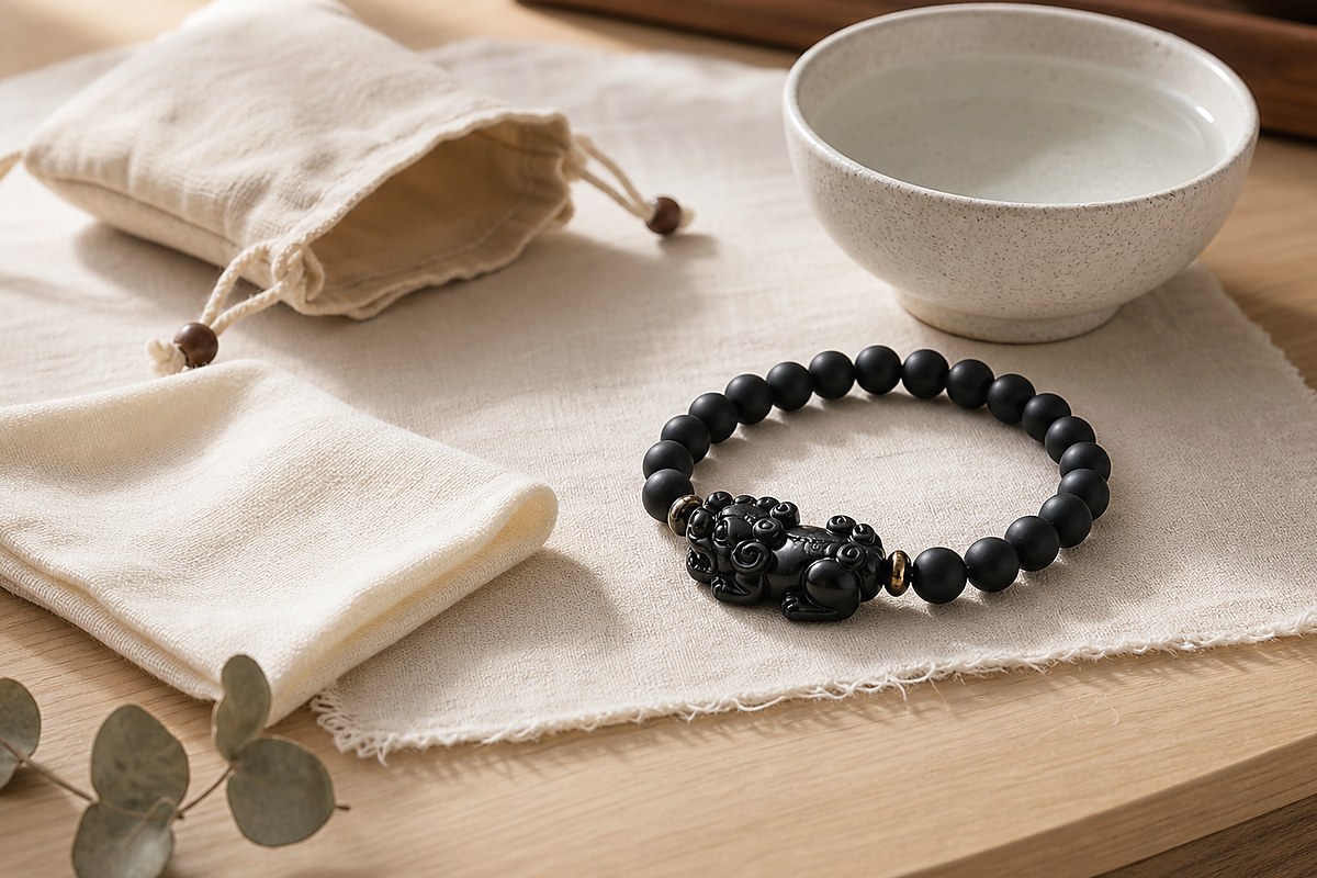 Black Pixiu bracelet beside a soft cloth, water bowl, and cream storage pouch