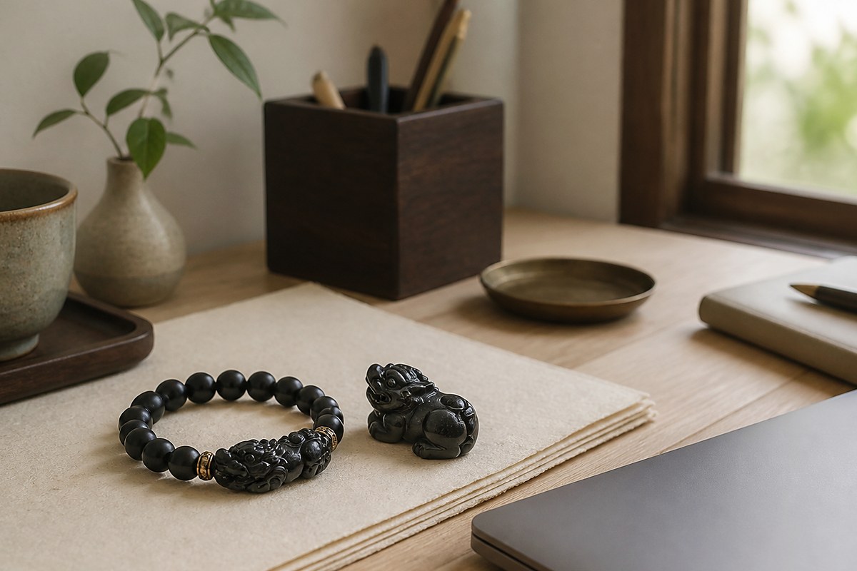 Pixiu bracelet on a tidy desk with blank handmade paper and warm wood objects