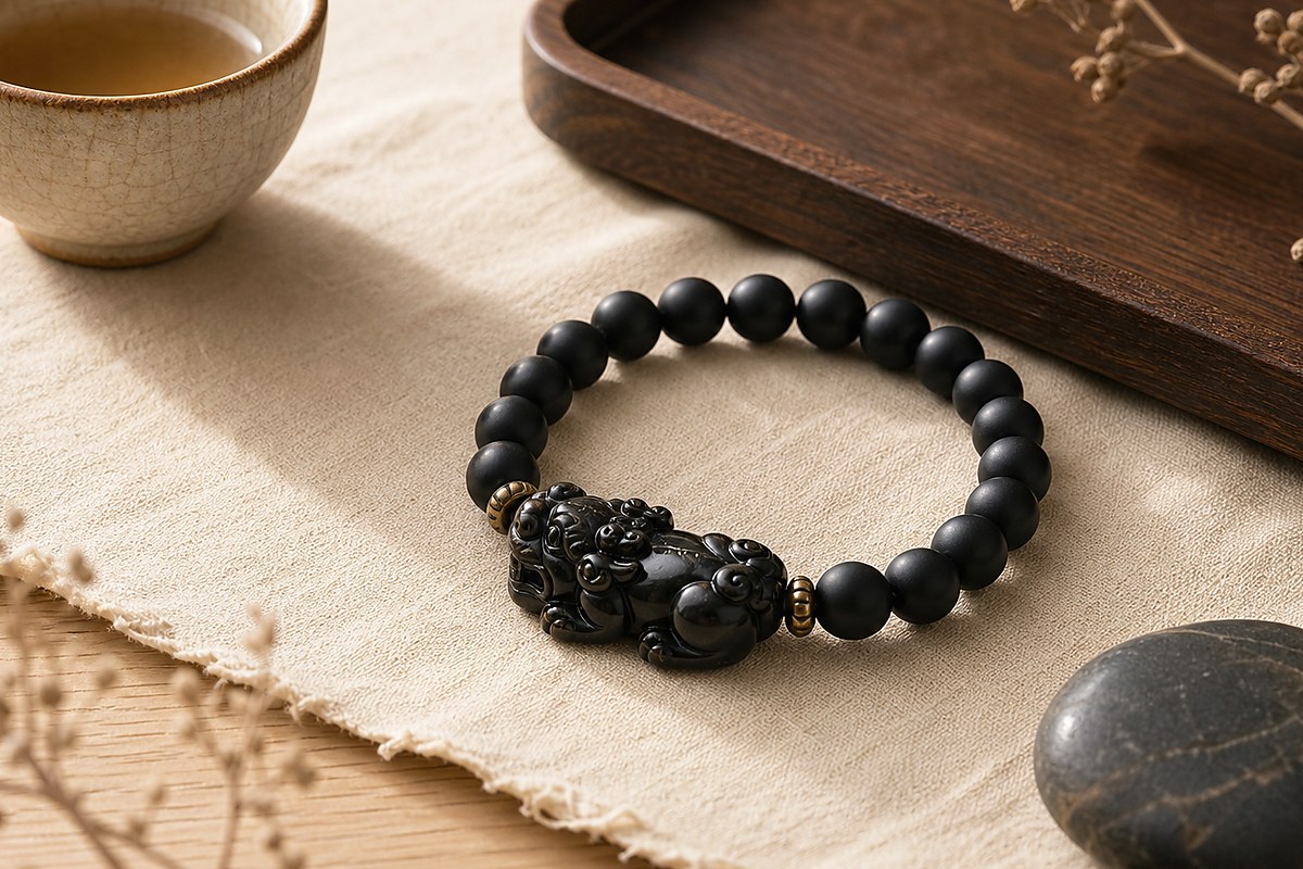 Black Pixiu bracelet with ceramic cup, handmade paper, and stone in a calm still life