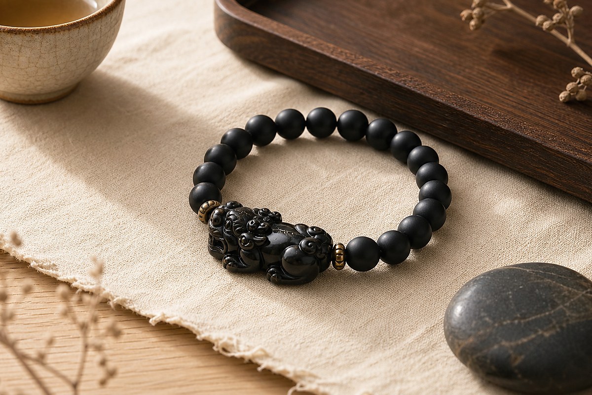 Black Pixiu bracelet on ivory linen beside warm wood and ceramic cup