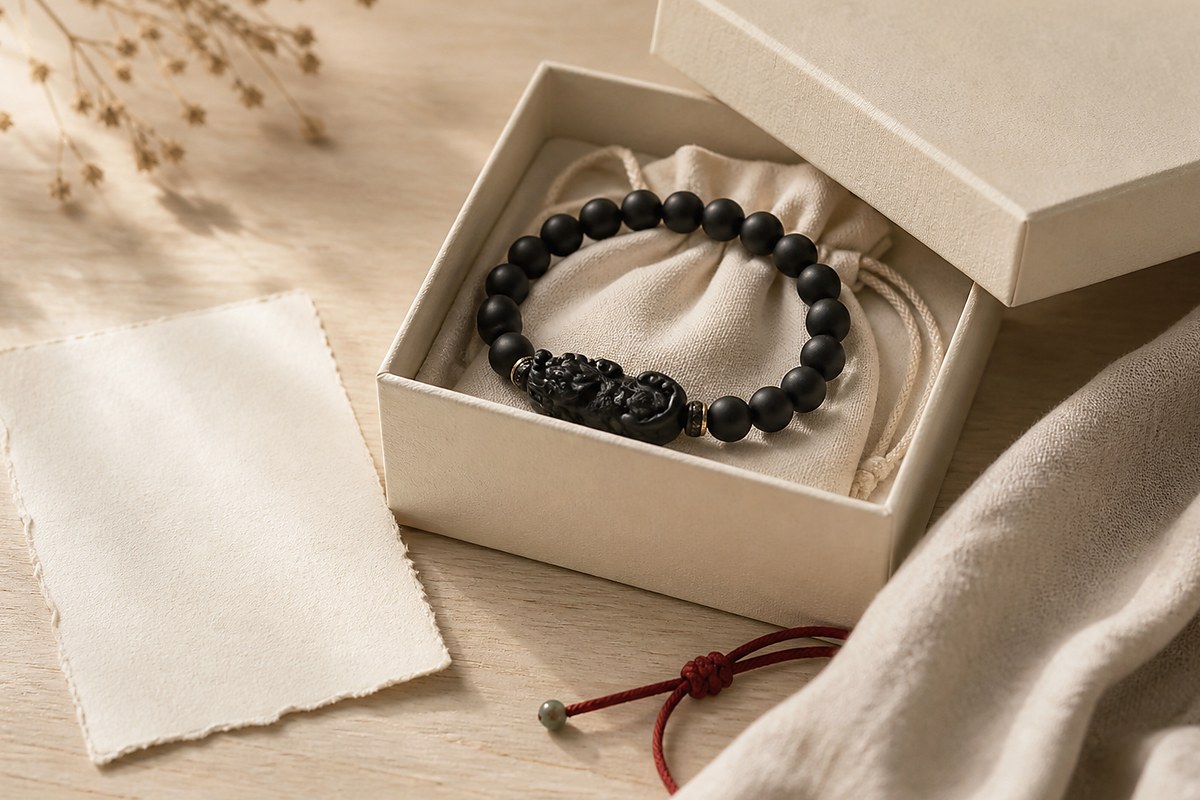 Black Pixiu bracelet in a cream gift box with ivory pouch and red cord accent