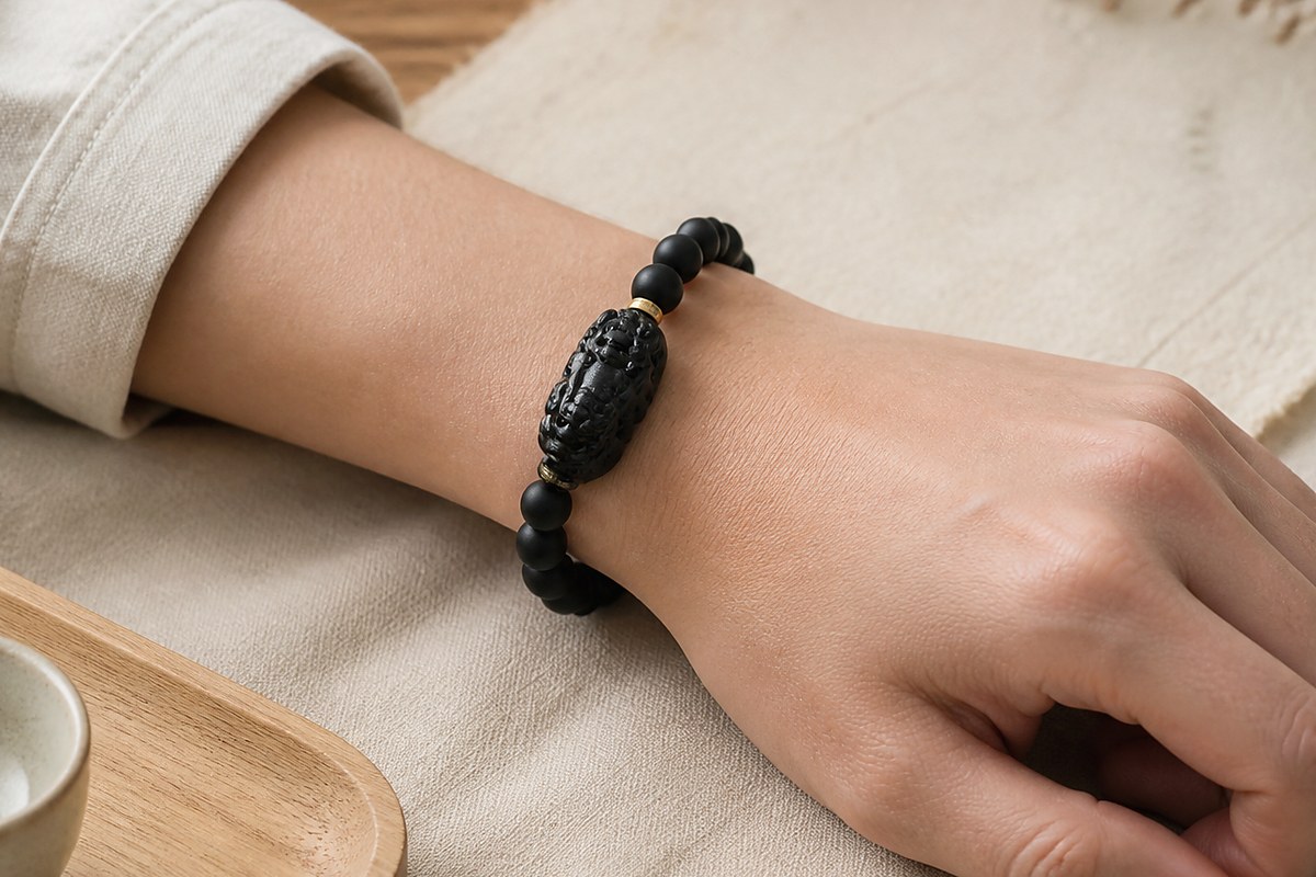 Adult left wrist wearing a black obsidian Pixiu bracelet on ivory linen