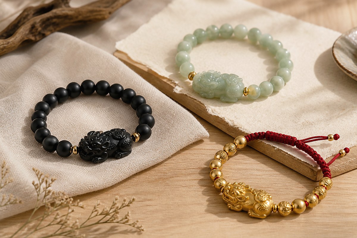 Black obsidian, soft jade, and muted gold Pixiu bracelets arranged on warm ivory cloth