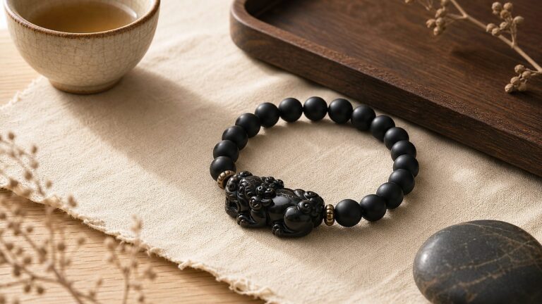 Black obsidian Pixiu bracelet on warm ivory linen with tea cup, wood tray, and stone