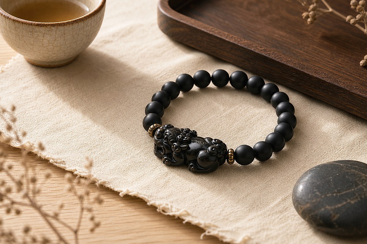 Black obsidian Pixiu bracelet arranged on ivory linen with warm wood and tea cup