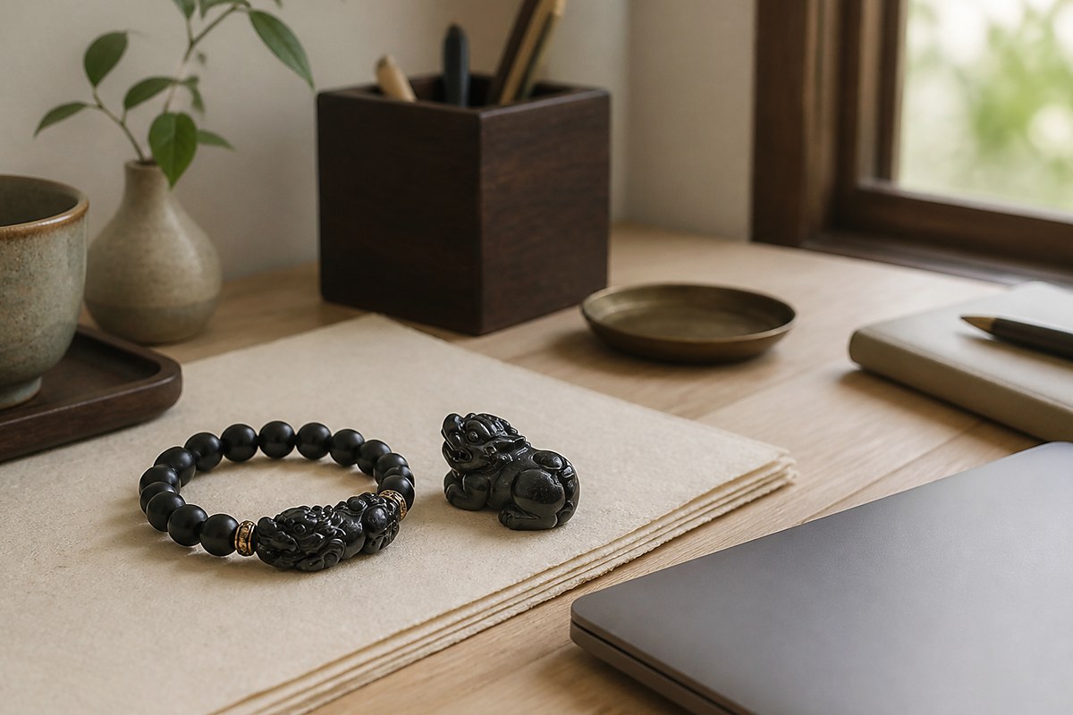Black Pixiu bracelet placed on a tidy warm wood desk near handmade paper and a window