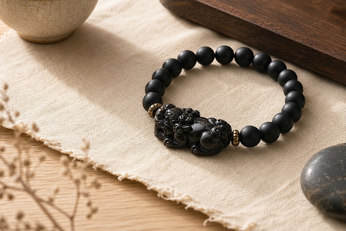 Black Pixiu bracelet on clean ivory linen with warm wood and a storage stone