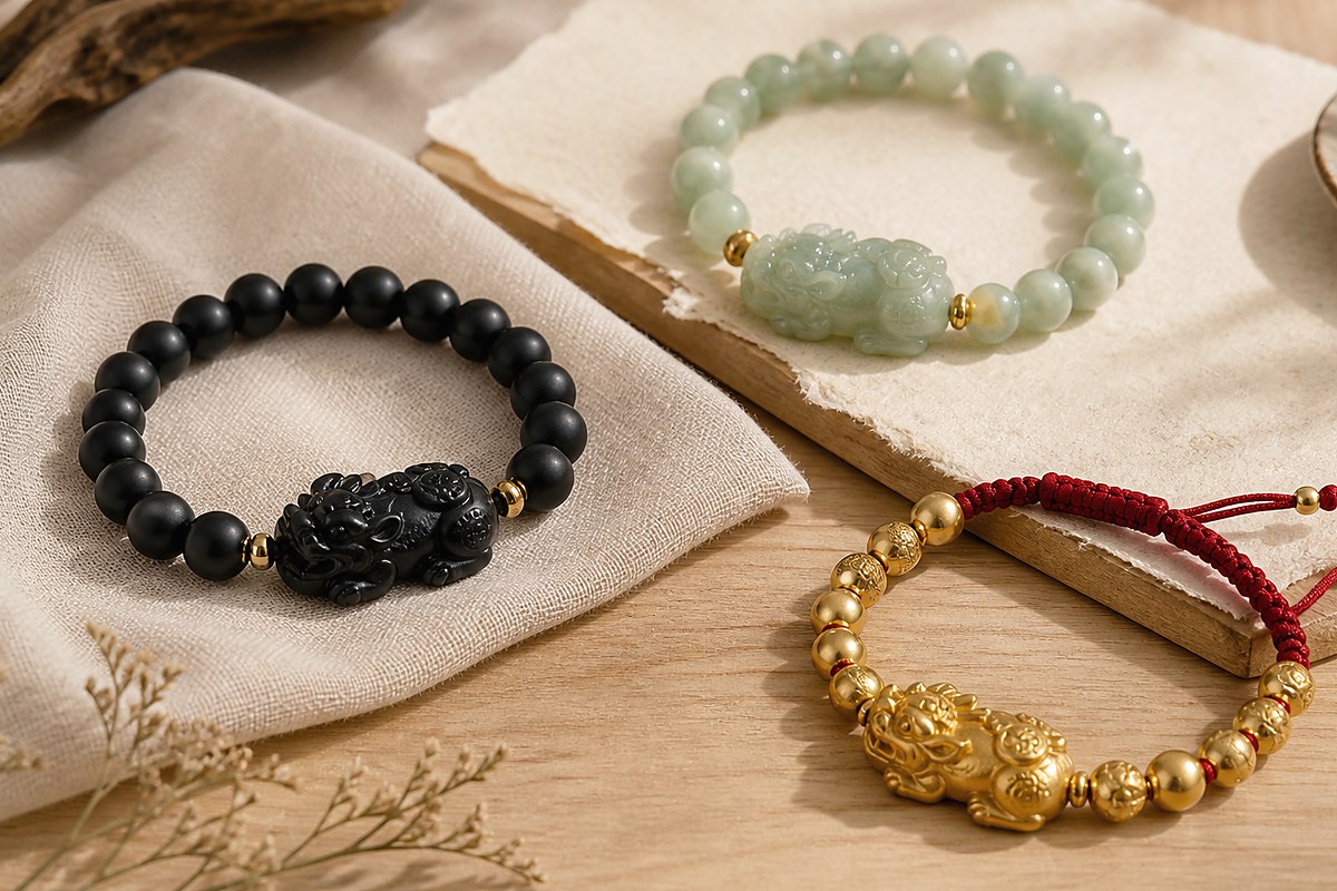 Black and muted gold Pixiu bracelets arranged on ivory cloth for wealth symbolism