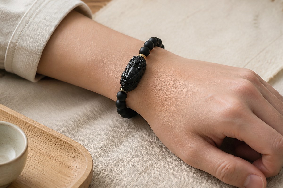 Black obsidian Pixiu bracelet worn naturally on an adult wrist beside warm linen