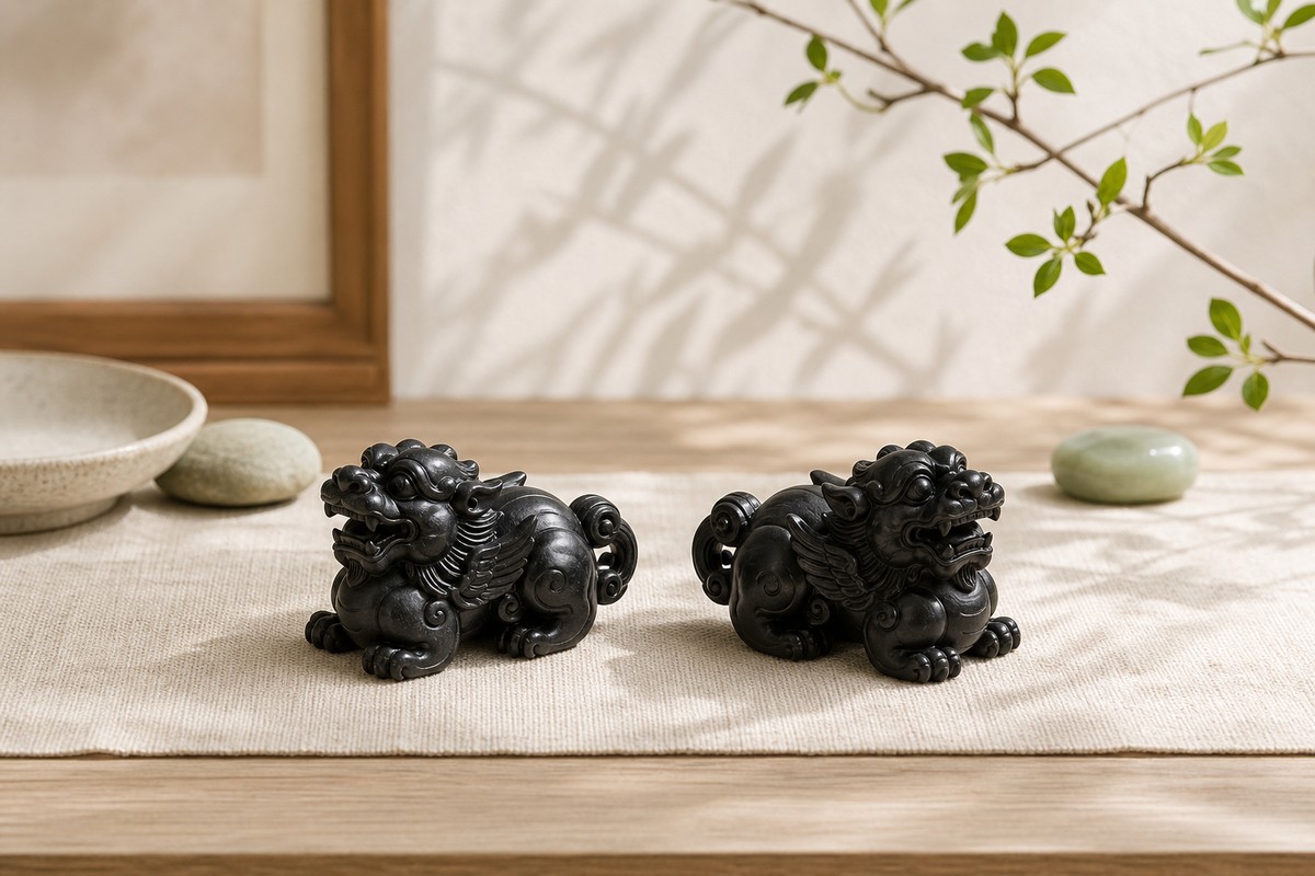 Two dark carved Pixiu ornaments arranged together on ivory linen with balanced spacing