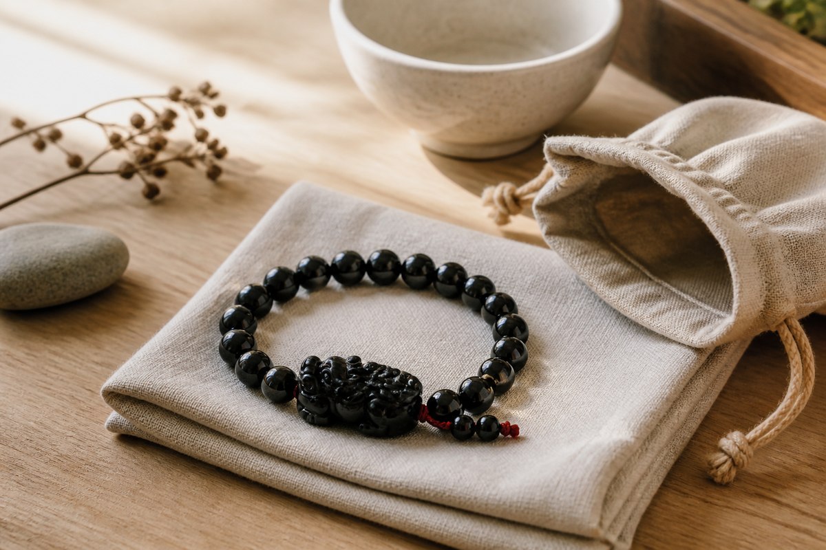 Black obsidian Pixiu bracelet resting on folded linen beside a soft pouch