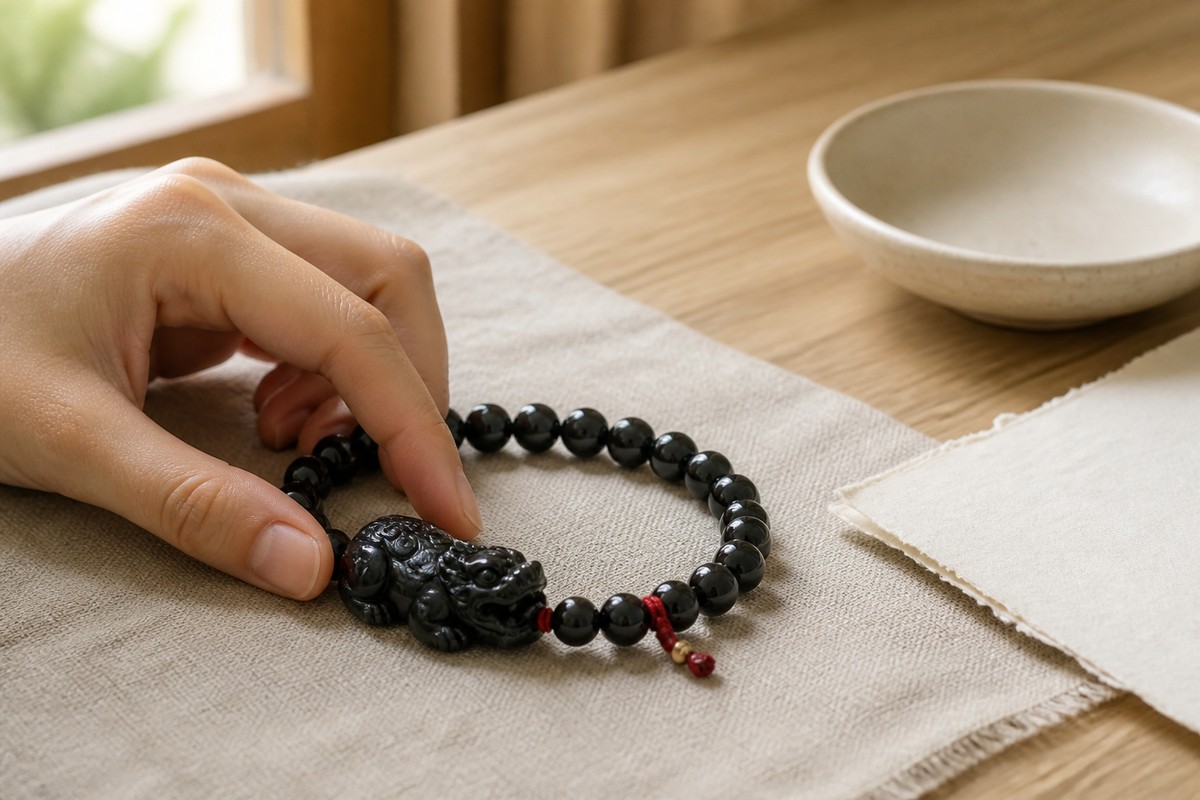 A hand gently repositions a black obsidian Pixiu bracelet on warm ivory linen
