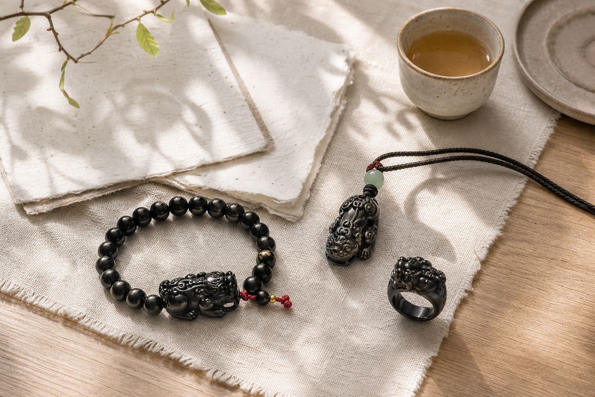 Pixiu bracelet, pendant, and ring arranged together on ivory linen for a direction FAQ