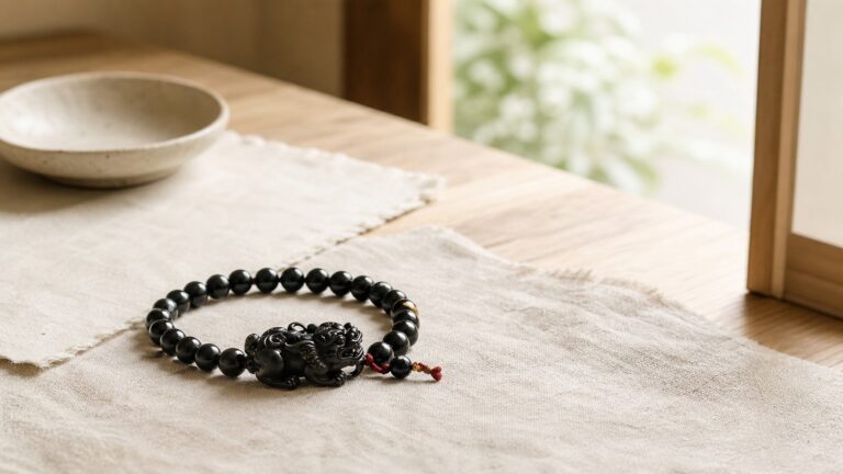 Black obsidian Pixiu bracelet charm facing open space on warm ivory linen