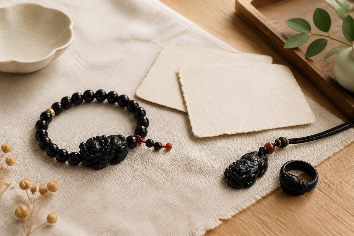 Pixiu bracelet, pendant, and ring arranged on ivory linen for a Pixiu direction rules guide