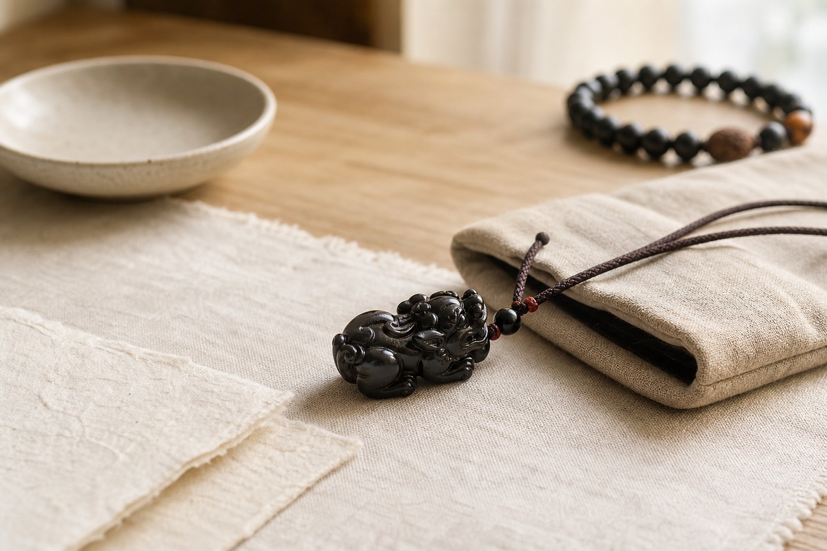 Dark Pixiu charm resting near a soft pouch to suggest an inward-facing exception