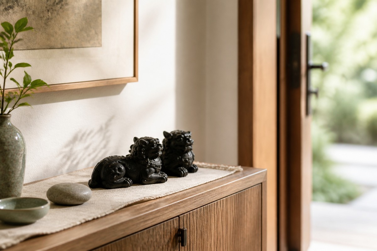 Pair of dark carved Pixiu ornaments on a wooden console near a bright doorway