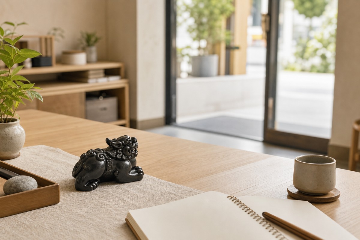 Dark carved Pixiu ornament on a pale wood desk facing an open office doorway