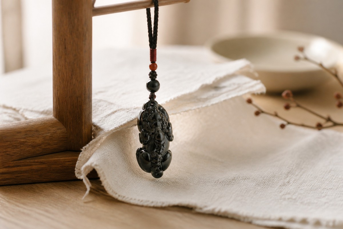 Dark carved Pixiu pendant hanging naturally on a cord over warm ivory linen