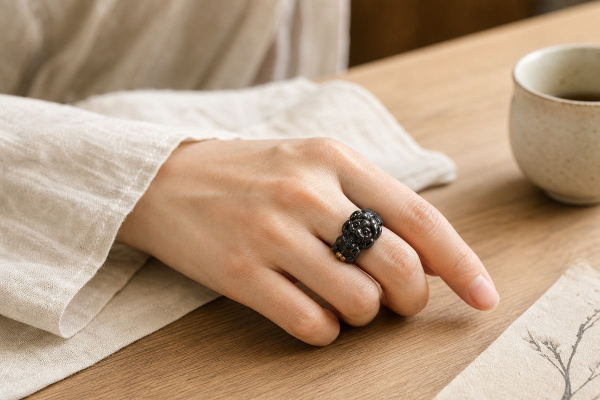 Dark carved Pixiu ring worn on a relaxed hand beside warm ivory linen