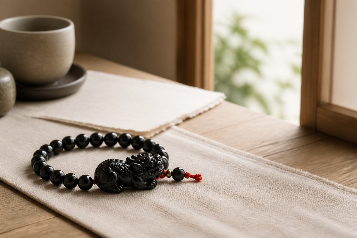 Pixiu bracelet charm facing toward bright open space near a window