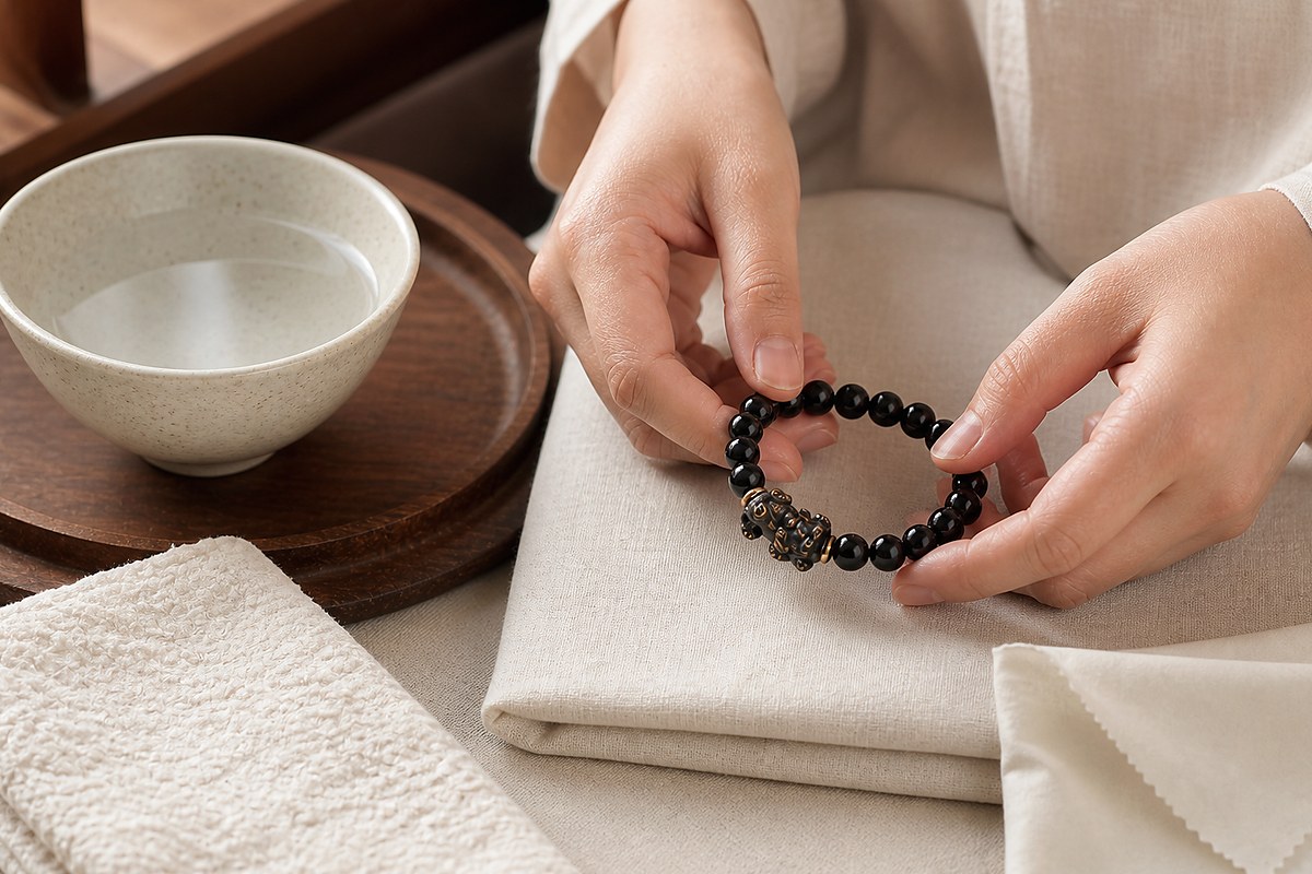 Hands gently holding a black Pixiu bracelet above ivory linen with a soft cloth and water bowl