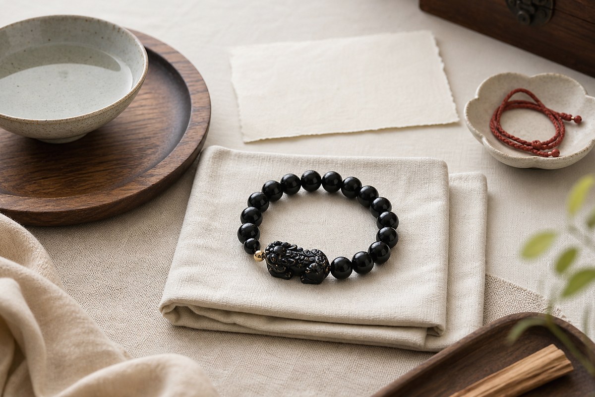 Black Pixiu bracelet with soft cloth, water bowl, blank paper, and red cord for activation preparation
