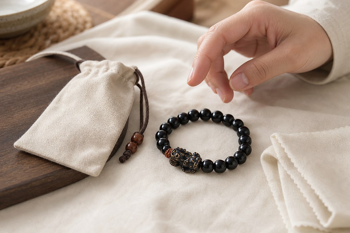 Hand hovering near a black Pixiu bracelet on ivory linen without touching the carved head or mouth