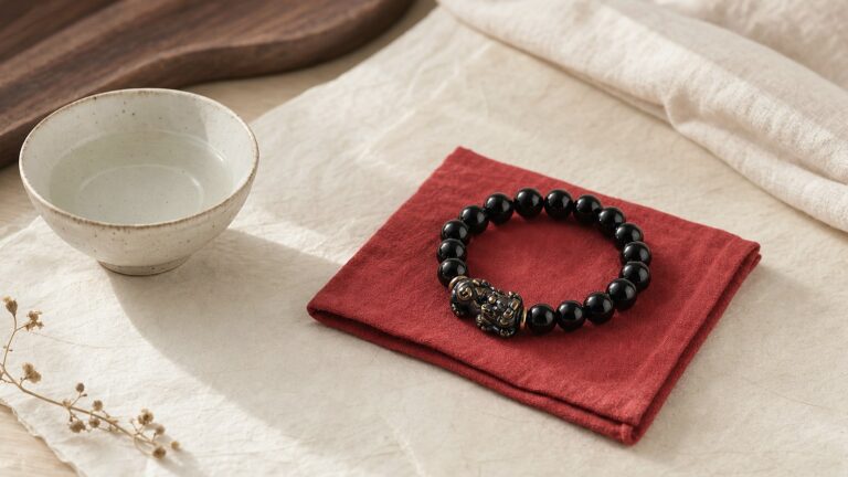 Black obsidian Pixiu bracelet on folded red cloth beside a ceramic water bowl